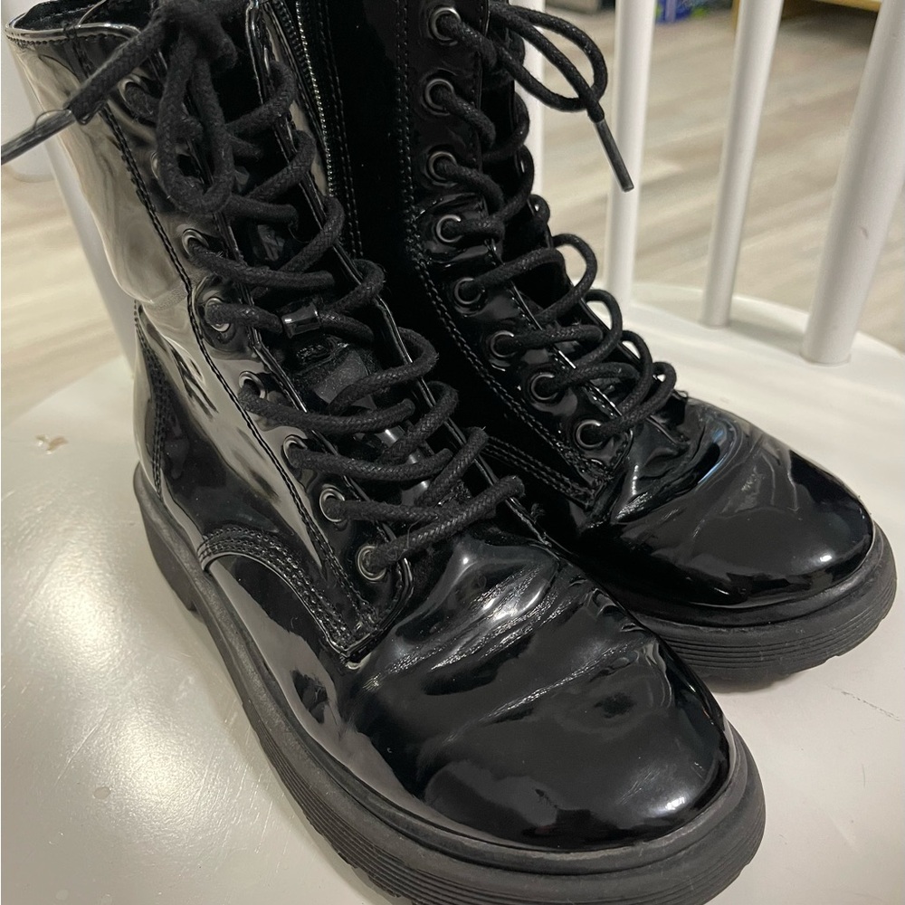 Madden Girl Shiny Black Lace-Up Combat Boots